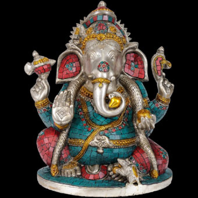 35 cm SchreinFigur fancy GANESHA Messing mit EdelSteinen